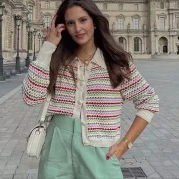 Womens Zara Ivory Rainbow Striped Open Knit Pointelle Cardigan Sweater S - Picture 2 of 15